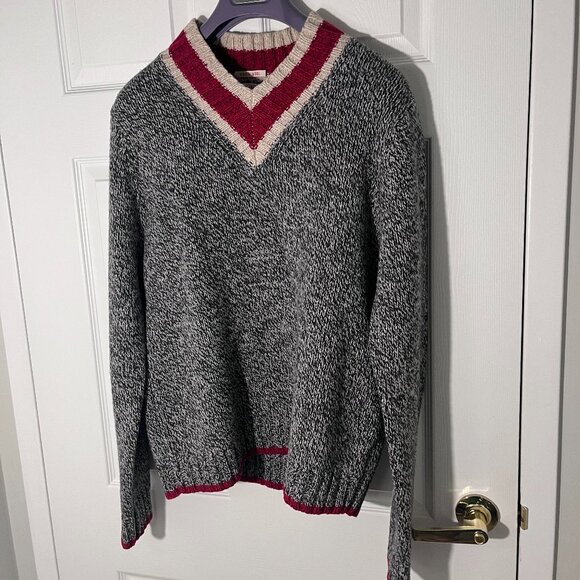 Brooks Brothers Wool Salt & Pepper V-Neck Long Sleeve Knit Tennis Sweater L - Picture 1 of 3